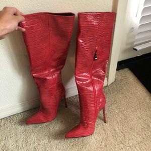 SIMMI SHOES Red Croc Print Stiletto Knee Boots